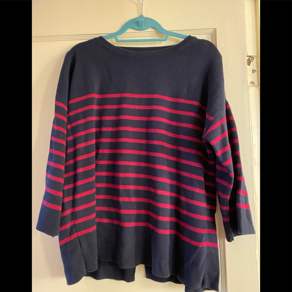 Loft. Fun striped, split-back sweater, 3/4 sleeves.